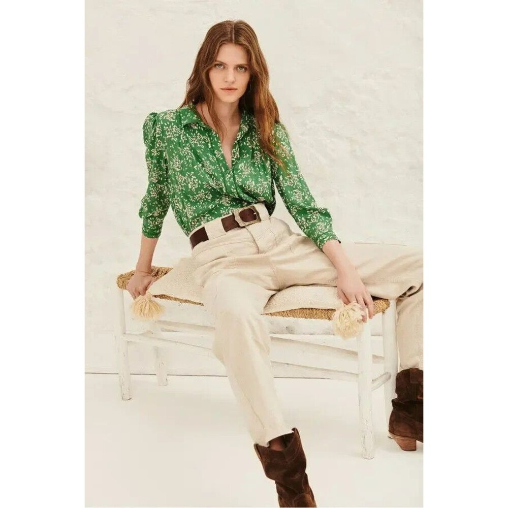 ba&sh Green Floral Blouse Button Front French Boho Puff Sleeve Top